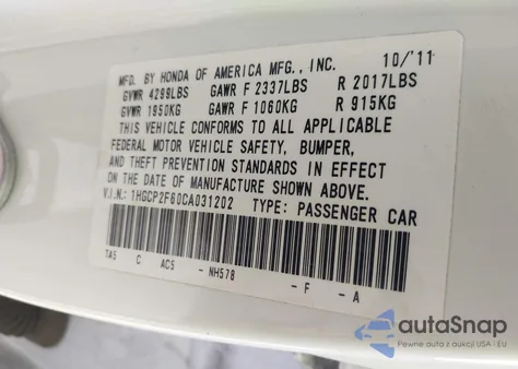 2012 Honda Accord 2.4 Se from USA, damaged, VIN 1HGCP2F60CA031202